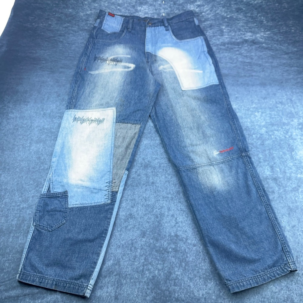 Vintage FUBU The Collection Patchwork Baggy Jeans Mens 34x34 Blue Streetwear 90s